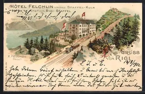 Lithographie Rigi, Hôtel Felchlin, Panorama mit Bergbahn