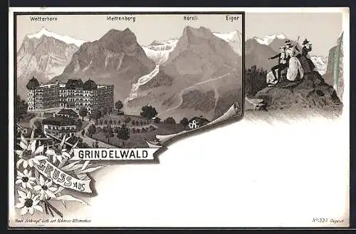 Lithographie Grindelwald, Blick zum Wetterhorn, Mettenberg, Hörnli & Eiger