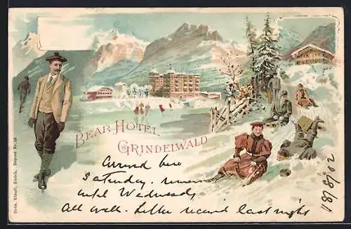 Lithographie Grindelwald, Wintersport-Vergnügen vor dem Ort