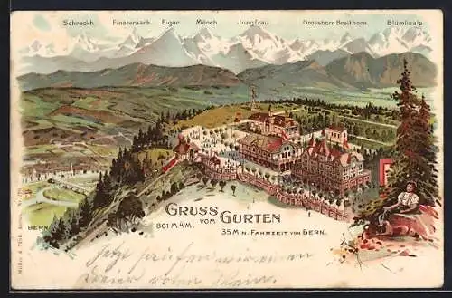 Lithographie Gurten, Hotel auf dem Gurten, Alpen-Panorama