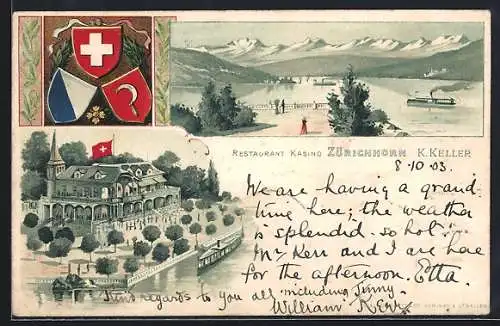 Lithographie Zürich, Wappen, Restaurant-Kasino Zürichhorn mit Flussdelta und Alpenpanorama