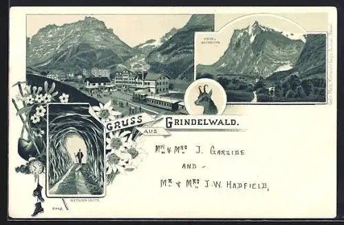 Lithographie Grindelwald, Bahnhof aus der Vogelschau, Gletschergrotte, Kirche und Wetterhorn