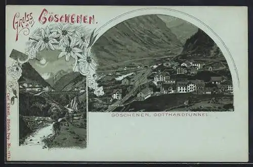 Mondschein-Lithographie Göschenen, Ortsansicht mit Gotthardtunnel, Edelweiss