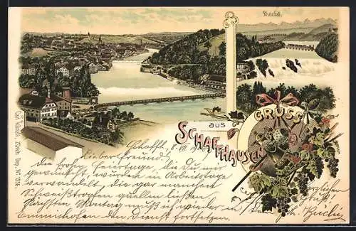 Lithographie Schaffhausen, Ortsansicht und Rheinfall