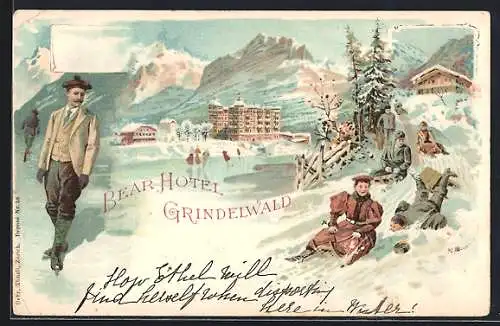 Lithographie Grindelwald, Wintersport-Vergnügen vor dem Ort