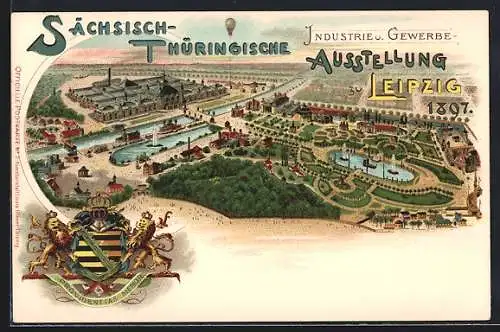 Lithographie Leipzig, Sächsisch-Thüringische Industrie- und Gewerbe-Ausstellung 1897, Gelände, Wappen, Ballon