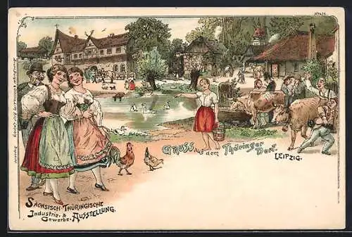 Lithographie Leipzig, Sächsisch-Thüringische Industrie- u. Gewerbe-Ausstellung, Thüringer Dorf