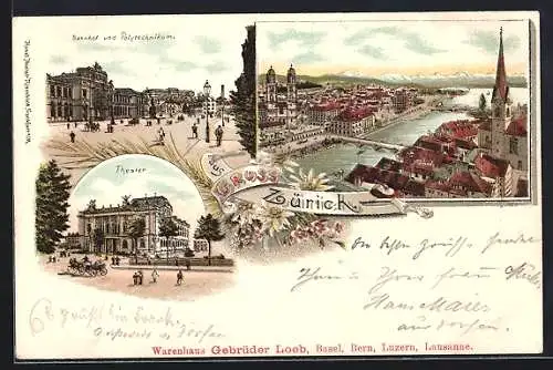 Lithographie Zürich, Bahnhof und Polytechnikum, Theater, Ortsansicht