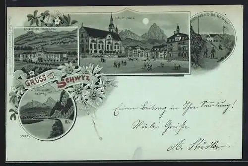 Mondschein-Lithographie Schwyz, Gasthaus a. d. Gr. Mythen, Hauptplatz, Collegium Mariahilf