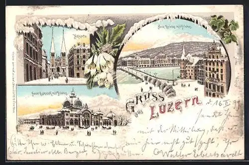 Winter-Lithographie Luzern, Neuer Bahnhof mit Pilatus, Neue Brücke mit Pilatus, Hofkirche