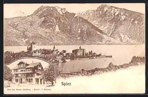 AK Spiez, Hotel und Pension Lötschberg, Panoramablick auf den Ort