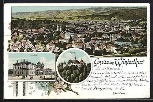 Lithographie Winterthur, Kyburg, Bahnhof, Panoramablick auf die Stadt