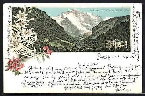 Lithographie Interlaken, Blick auf die Jungfrau, Edelweiss-Passepartout