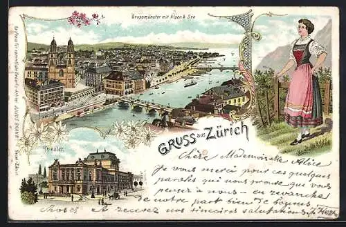 Lithographie Zürich, Bahnhof, Grossmünster mit Alpen, Schweizerin in Tracht