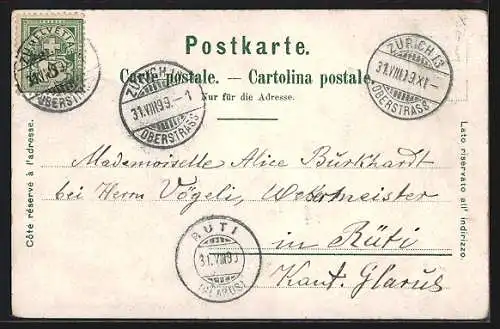 Lithographie Zürich, Bahnhof, Grossmünster mit Alpen, Schweizerin in Tracht