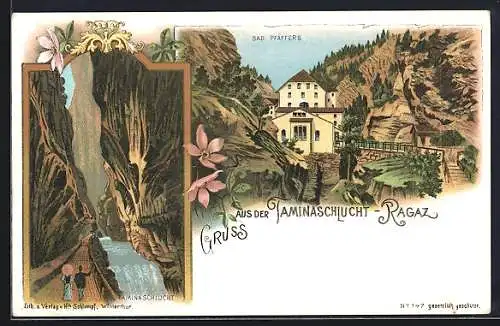 Lithographie Ragaz, Bad Pfäffers, Taminaschlucht