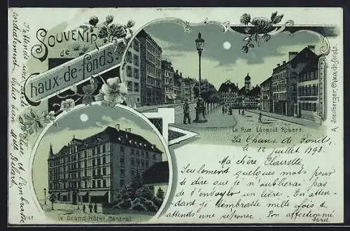 Mondschein-Lithographie Chaux-de-Fonds, La Grand Hôtel Central, La Rue Léopold Robert