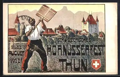 Künstler-AK Thun, V. Schweizerisches Hornusserfest 1912, Ortspartie mit Bauern