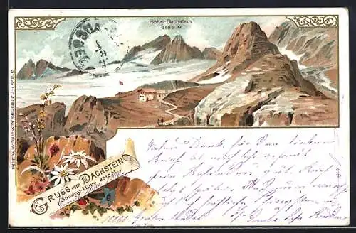 Lithographie Simonyhütte, Berghütte mit Blick zum Hohen Dachstein