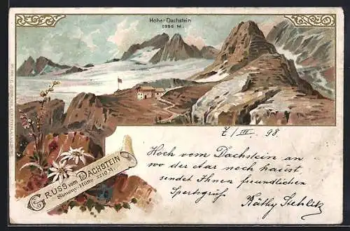 Lithographie Simonyhütte, Berghütte mit Blick zum Hohen Dachstein