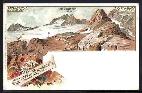 Lithographie Simonyhütte, Berghütte mit Blick zum Hohen Dachstein