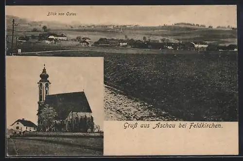 AK Aschau b. Feldkirchen, Kirche, Panoramablick von Osten