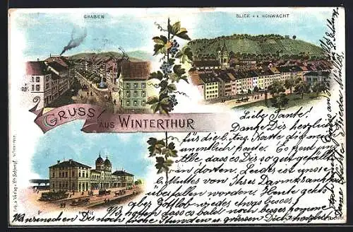 Lithographie Winterthur, Graben, Blick v.d. Hohwacht, Bahnhof