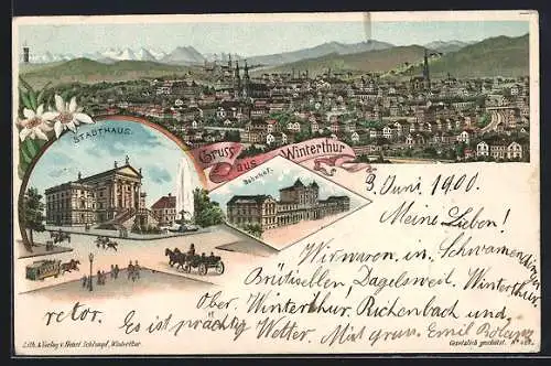 Lithographie Winterthur, Teilansicht, Stadthaus, Bahnhof