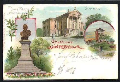 Lithographie Winterthur, Blick auf Stadthaus, Schloss Mürsburg und Jonas Furrer-Denkmal