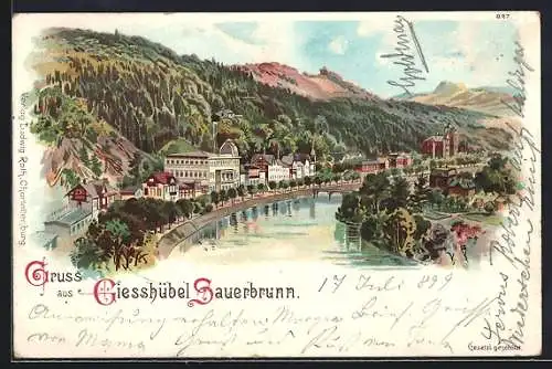 Lithographie Giesshübl-Sauerbrunn, Panoramablick auf den Ort