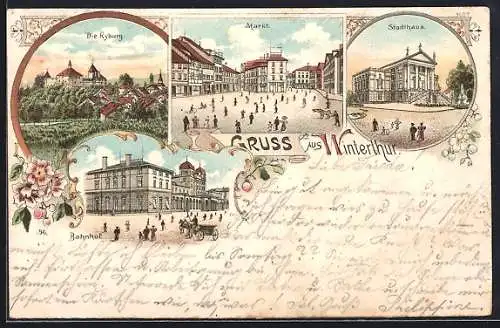 Lithographie Winterthur, Blick zur Ryburg, Markt, Stadthaus, Bahnhof