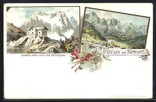 Lithographie Admont, Ortsansicht, Haus gegen den Natterriegel