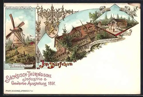 Lithographie Leipzig, Sächsische-Thüringische Industrie-u. Gewerbe-Ausstellung 1897, Gasthaus Zum goldenen Löwen