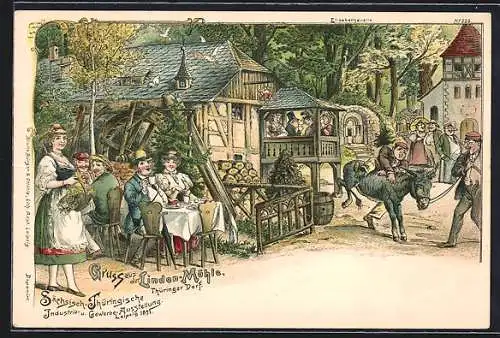 Lithographie Leipzig, Sächsisch-Thüringische Industrie- u. Gewerbe-Ausstellung 1897, Linden-Mühle im Thüringer Dorf