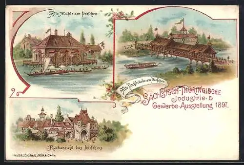 Lithographie Leipzig, Sächs.-Thür. Industrie- & Gewerbe-Ausstellung 1897, Dachbrücke, Mühle, Rückansicht des Dörfchens