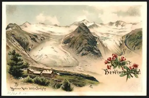 Lithographie Berliner Hütte, Berghütte mit Gletschern