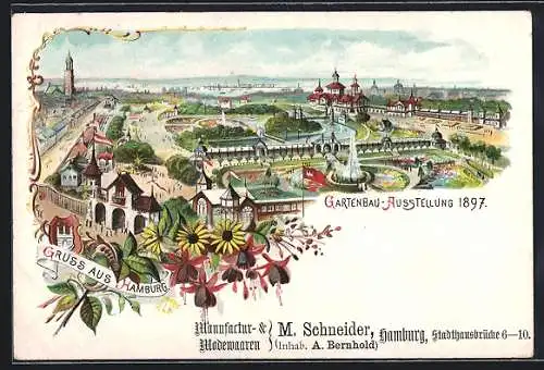 Lithographie Hamburg, Gartenbau-Ausstellung 1897, Blick über das Festgelände, Reklame für Modegeschäft M. Schneider