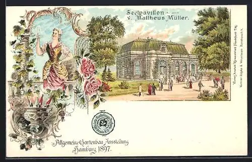 Lithographie Hamburg, Allgemeine Gartenbau-Ausstellung 1897, Sectpavillon v. Mattheus Müller