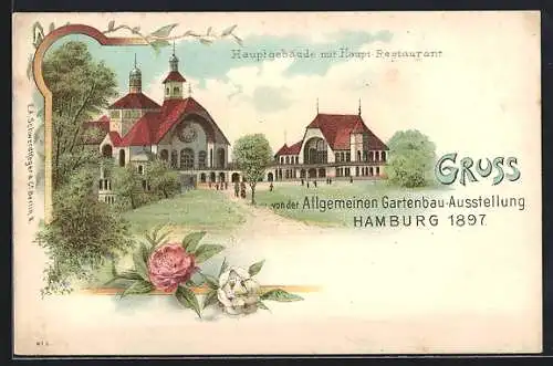 Lithographie Hamburg, Allgemeine Gartenbau-Ausstellung 1897, Hauptgebäude mit Hauptrestaurant