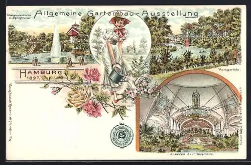 Lithographie Hamburg, Allgemeine Gartenbau-Ausstellung 1897 - Wasserrutschbahn u. Springbrunnen & Inneres der Haupthalle