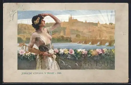 Künstler-AK Prag, Jubiläums-Ausstellung 1908, Frau mit nackten Brüsten hält Ausschau, Stadtpanorama, Jugendstil