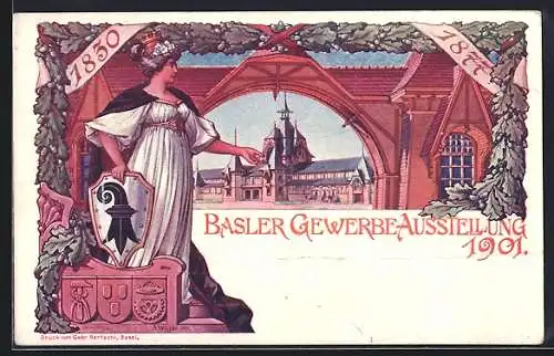 Künstler-AK Basel, Gewerbe-Ausstellung 1901, Ausstellungsgebäude mit Helvetia und Wappen