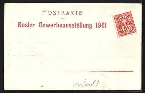 Künstler-AK Basel, Gewerbe-Ausstellung 1901, Ausstellungsgebäude mit Helvetia und Wappen