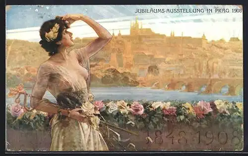 Künstler-AK Prag, Jubilejni Vystava v Praze 1908, Hübsches barbusiges Mädchen im Sonnenaufgang, Jugendstil