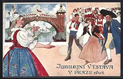 AK Prag, Jubilejni Vystava 1908, Ausstellung, Frau begrüsst Gäste