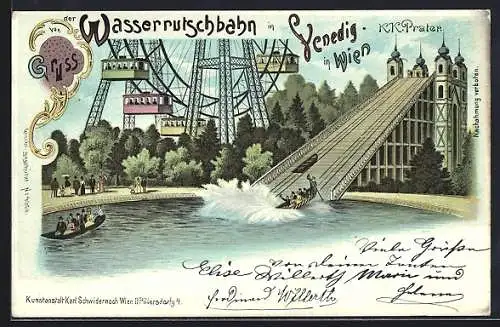 Lithographie Wien, Ausstellung Venedig in Wien, Wasserrutschbahn und Riesenrad im K. K. Prater