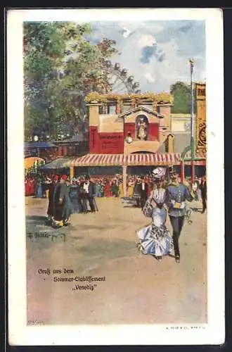 Künstler-AK F. Gareis: Wiener Prater, Sommer-Etablissement Venedig, Riesenrad, Besucher an den Schaubuden