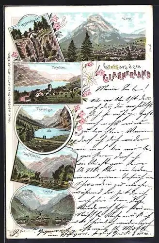 Lithographie Glarus, Ortsansicht, Obstalden, Thalalpsee