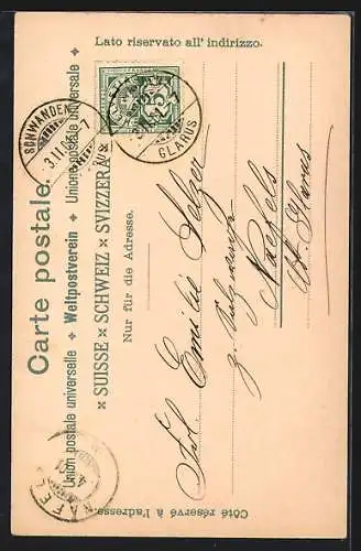 Lithographie Glarus, Ortsansicht, Obstalden, Thalalpsee