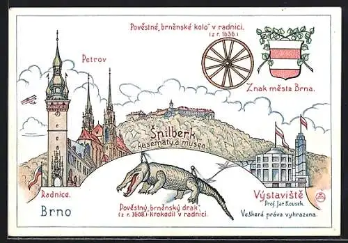 Künstler-AK Brünn / Brno, Spilberk, Krokodil, Radnice, Vystaviste, Wappen